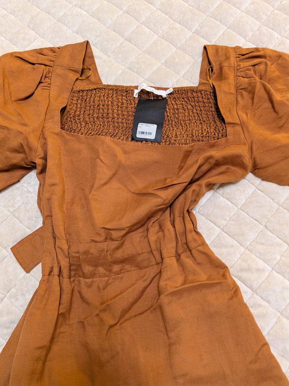 Astr Square-Neck Puff Sleeve Midi Dress in Rust